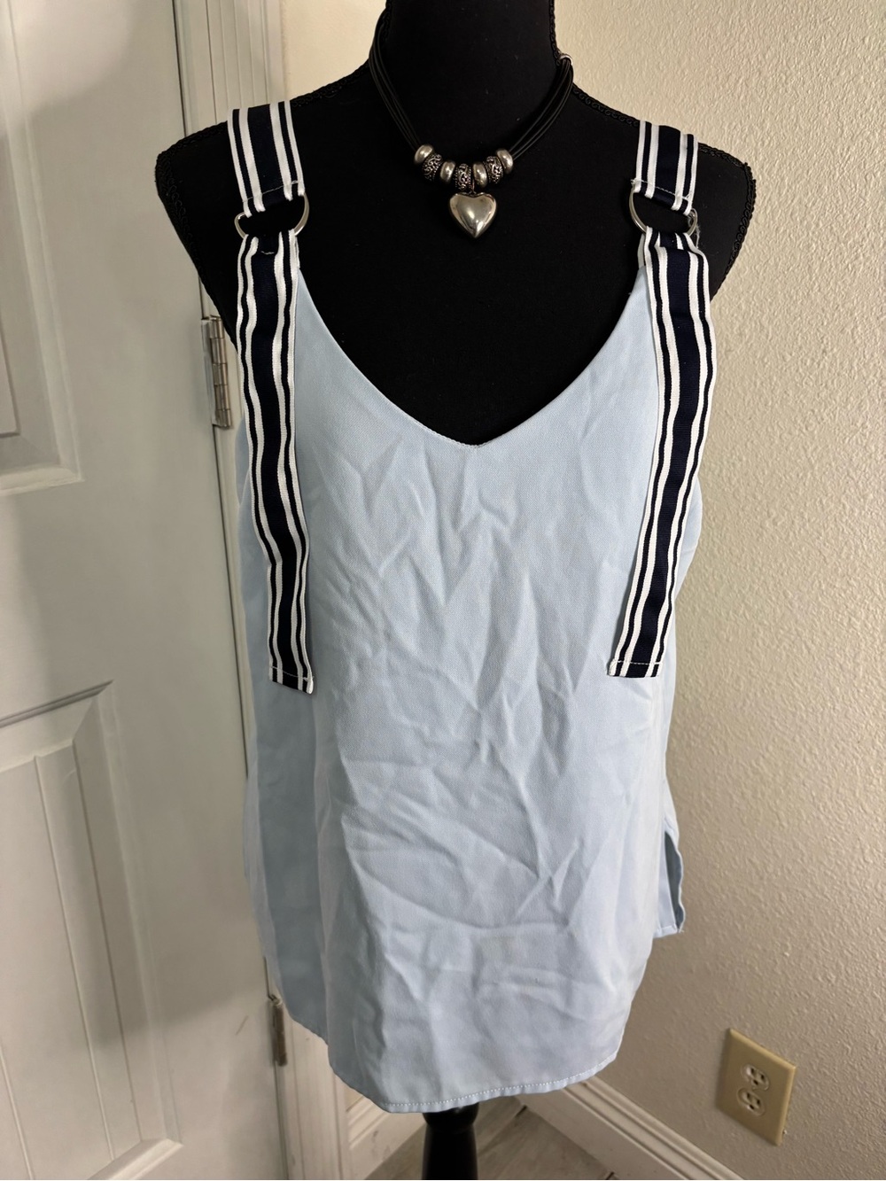 Light Blue V-Neck Camisole with Navy Striped Strap Detail
